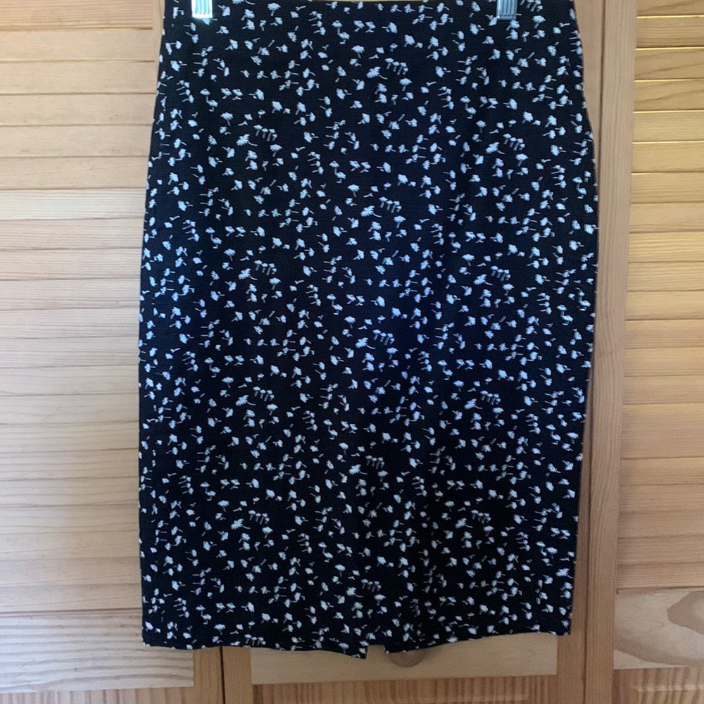 J crew pencil skirt, black with white floral print.